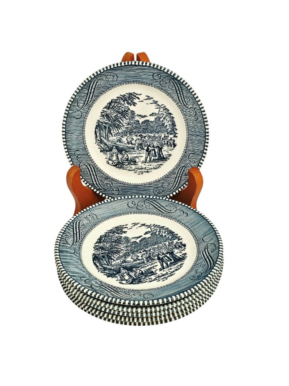 6 Currier Ives Blue Harvest Dessert Plate 5.75" Royal USA transferware ironstone
